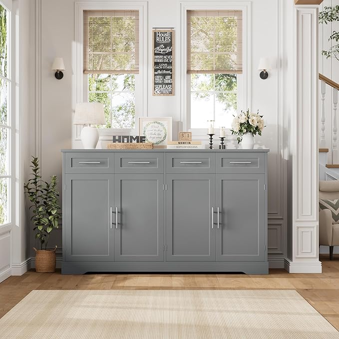 HOSTACK 60" Large Buffet Sideboard with Storage, 36" Tall Kitchen Buffet Storage Cabinet with 4 Drawers, Modern Coffee Bar Cabinet with Gold Handles, Long Sideboard Buffet Table for Kichen, Grey