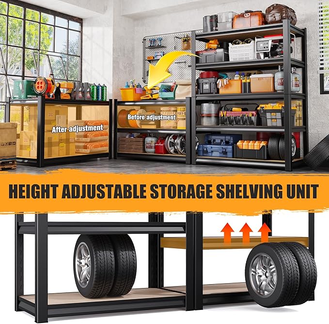 5-Tier Garage Shelving Heavy Duty Storage Shelves, Adjustable Shelving Unit, Utility Garage Organizer Shelf for Basement, Pantry, Kitchen, Warehouse,Supermarket, 31.5" Wx13.8 Dx71.2 H,Black