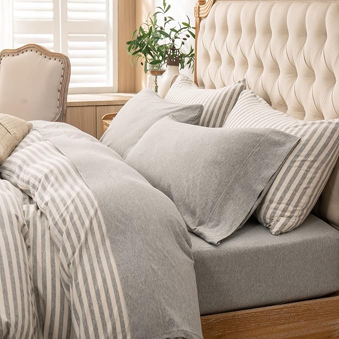PURE ERA Jersey Knit 4pc Bed Sheet Set 100% T-Shirt Heather Cotton Super Soft Comfy Breathable Fits Mattress Up to 20" Extra Deep Pocket (Heather Light Grey, Full)