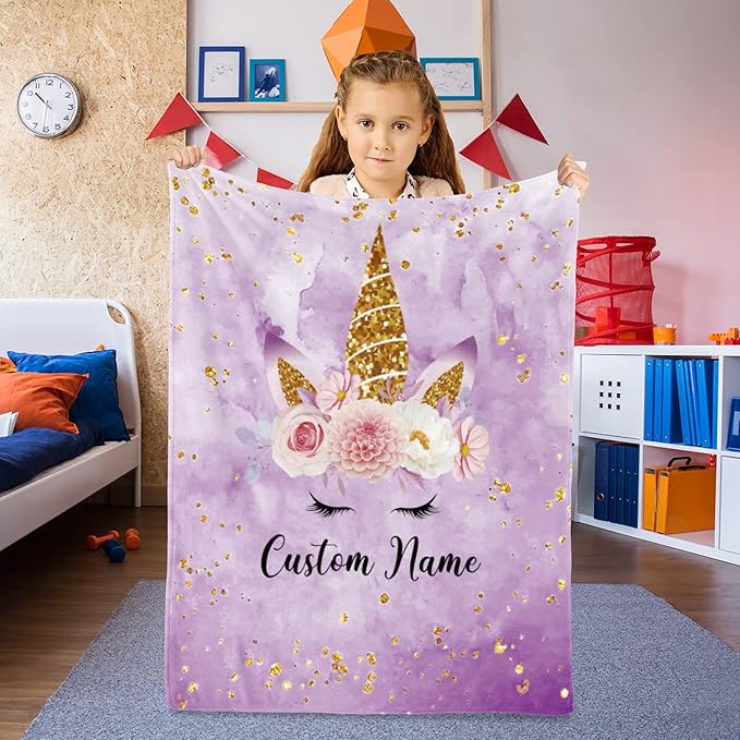 Personalized Unicorn Blanket with Name for Girl, Custom for Kids, Soft Flannel Purple Toddler Customized Gift for Birthday Christmas Baby Shower Newborn 30'' X 40'', 30''x40'' for baby