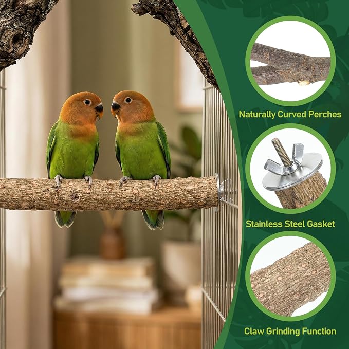 7PCS Natural Wood Bird Perch Set, Includes Paw Grinding Forks, Chewing Sticks, Exercise Branches, Hanging Multi-Branch Perch Platform, Swing Toy Rope Perches, for Medium Birds