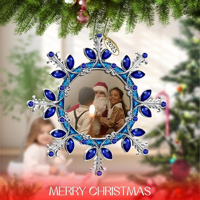 2025 Christmas Tree Ornament Snowflake Picture Frame Metal Hanging Pendant Holiday 2" Photo Frame Charm Decorative of Pets, Baby First Christmas, Family (Blue)
