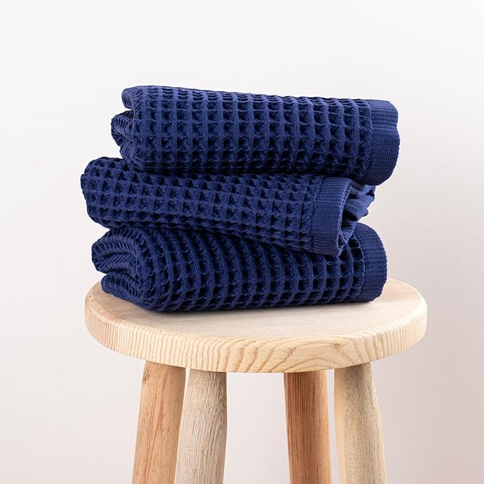 PÜSKÜL - Set of 3 Organic Waffle Hand Towel Navy - Premium Quality, 100% Turkish Cotton, Soft, Quick-Dry, Absorbent, Lint-Free Face Kitchen Hand Towels (Navy Blue, Hand Towels - Pack of 3)