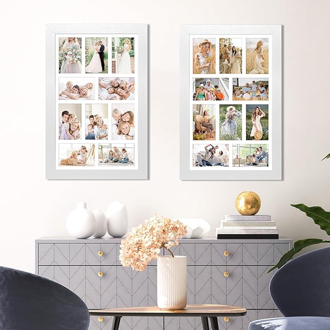 13x21 Picture Frame Display 10 opening 4X6 Picture Frame Collage,Multi Photo Frame with Mat,Plexiglass,Wall Mount Decor,Distressed White Wood Grain