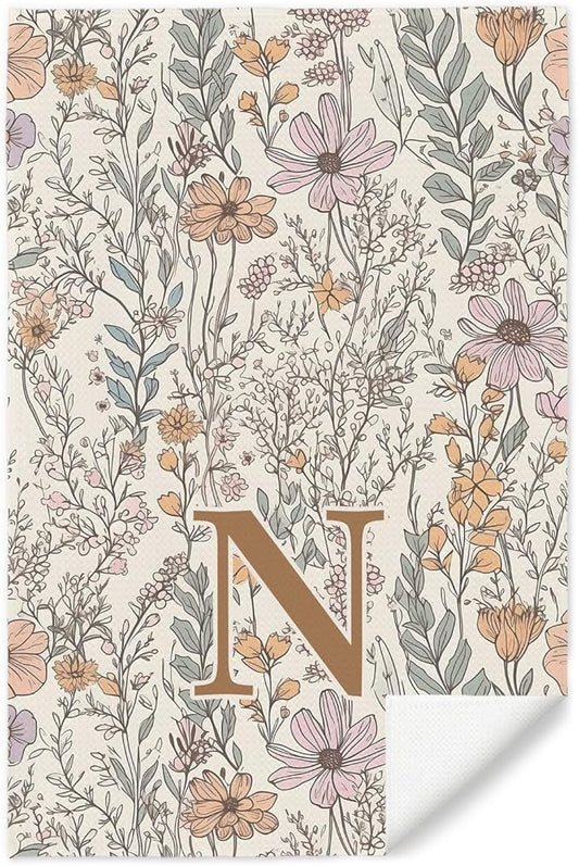 Initial N Personalized Floral Kitchen Towels Dish Towel, Custom Hand Towels for Bathroom, Monogrammed Gifts for Women Mom, Boho Floral Decorative Kitchen Towels Tea Towel, 16x24 Inch