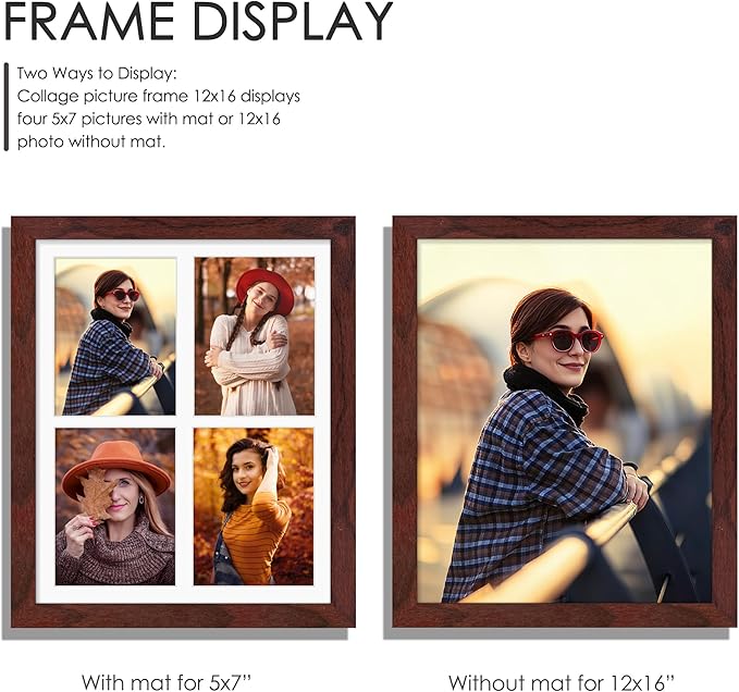 12x16 Picture Frame 5x7 Collage Picture Frame Displays Four 5x7 inch Photos or 12x16 (Without Mat) for Available Horizontal Wall Mounting Display and Vertical Redwood