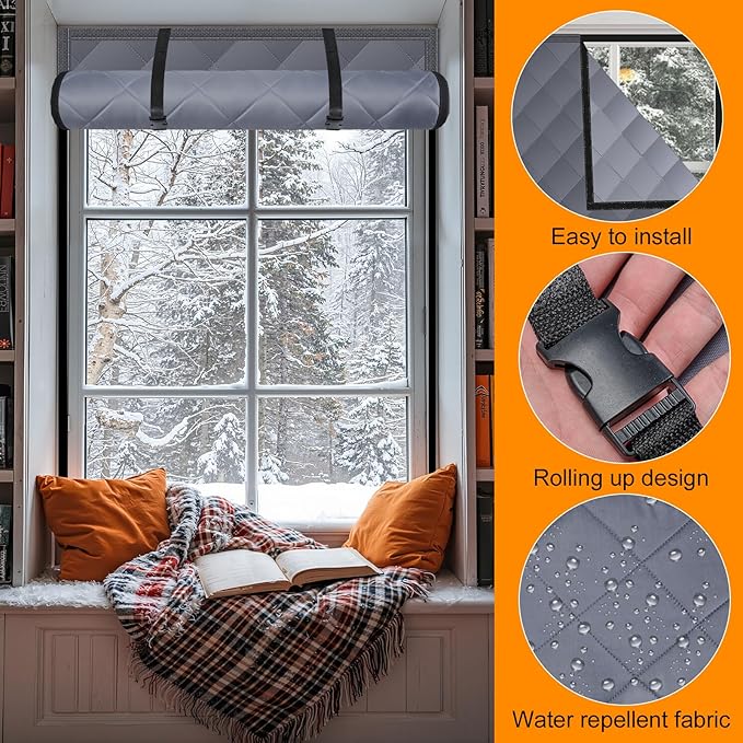 3 Layer 39x63in Thermal Insulated Window Cover for Winter,Roll-Up Insulated Window Blanket with Hook & Loop,Windows Insulation Kit for Bedroom Attic RV to Keep Winter Warm