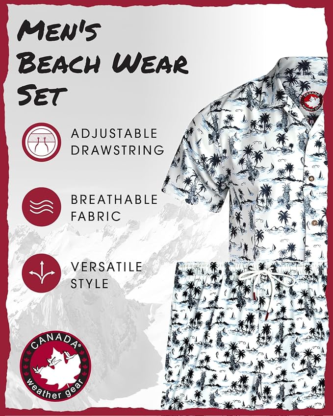 CANADA WEATHER GEAR Mens Beach Outfit Set - 2 Piece Short Sleeve Button Down Hawaiian Shirt for Men and Mens Swim Shorts Set