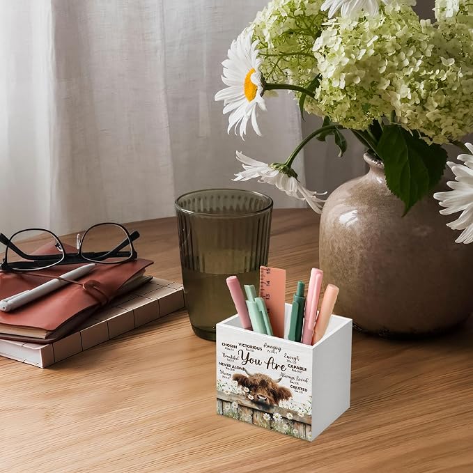 DILSJ Christian Highland Cow 1 Compartment Pen Pencil Holder for Desk,Christian Gifts, Bible Verse Highland Cow Inspirational Wooden Box Signs Organizer for Home Office Desk Tabletop Decoration