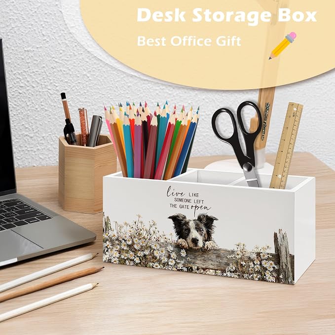 Border Collie Gifts Pen Holder Organizer, Rustic Farmhouse Dog Gifts for Women Desk Decor, Live Like Someone Left the Gate Open Wooden Pen Pencil Holders for Vintage Desk Accessories