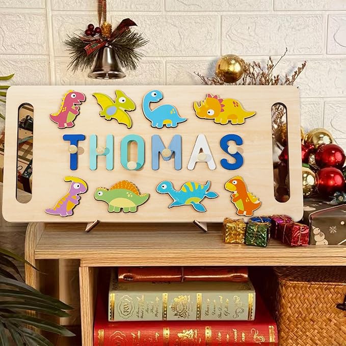 Name Puzzle for Kids Personalized, First Birthday for Baby Boy Girl, Wooden Name Puzzles with Hollowed-Out Handle for Toddlers 1-3, Educational Toys for 1 Year Old (Animal)