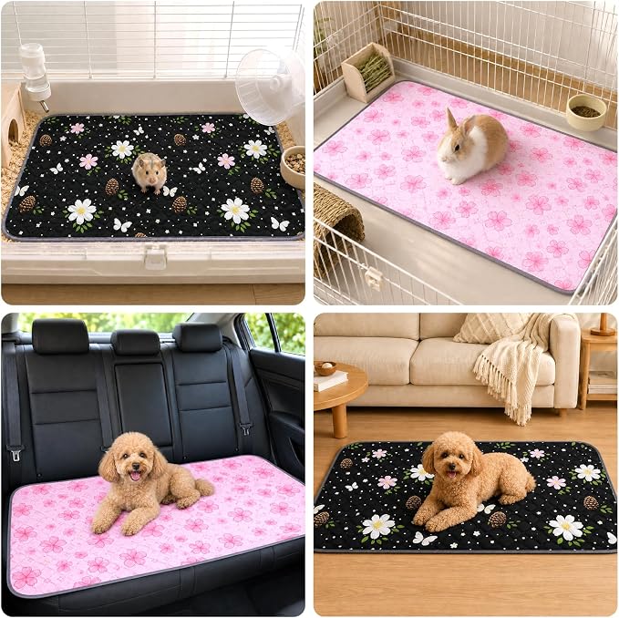 Guinea Pig Cage Liner 2 Pack Super Absorbent Washable Guinea Pig Pee Pads Waterproof Reusable Anti Slip Bedding Pee Pad Mat for Rabbit Bunny Rat Cat (Flowers, 28" x 14" (2 Pack))