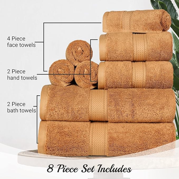 BLUENILEMILLS Madison Egyptian Cotton Towels, Towel Set for Bathroom, Shower, Hotel, Plush, 900 GSM, Highly Absorbent and Ultra-Soft Towels, Bath Essentials, 8 Piece Assorted Towel Set, Rust