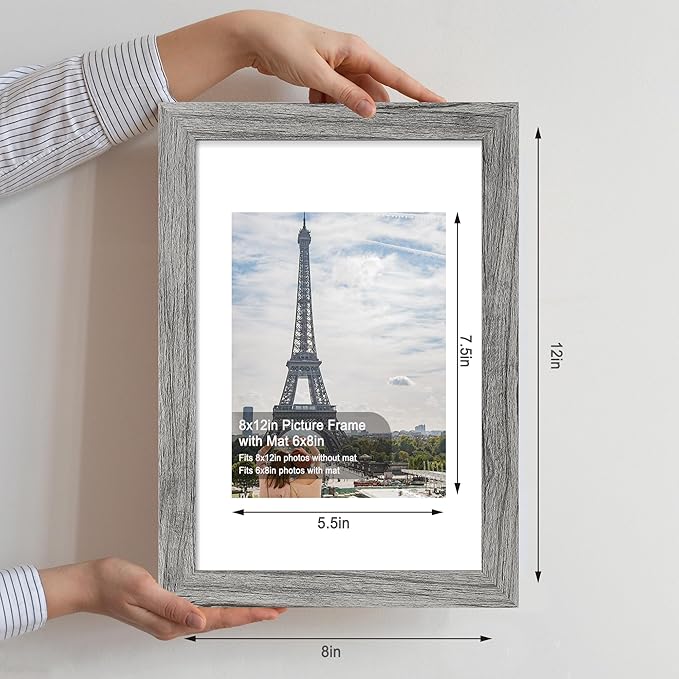 8x12 Picture Frame Set of 4, Made of Glass and Grey Wooden Frame - Display 6x8 Picture with Mat or 8 x 12 Poster Without Mat, 8 by 12 Photo for Wall or Tabletop