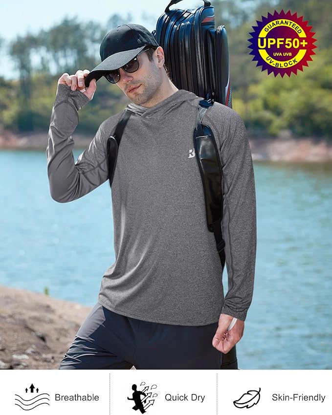 Roadbox Mens UPF 50+ Fishing Shirts, Long Sleeve UV Sun Hoodie, Hiking Running Swim Athletic Workout Shirt