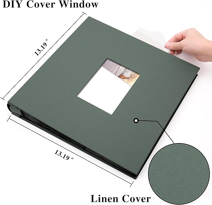 Photo Album Holds 600 Pockets with Linen Cover and Customizable Window, Fits 4x6 Photos, Archival Black Pages, Gray Green