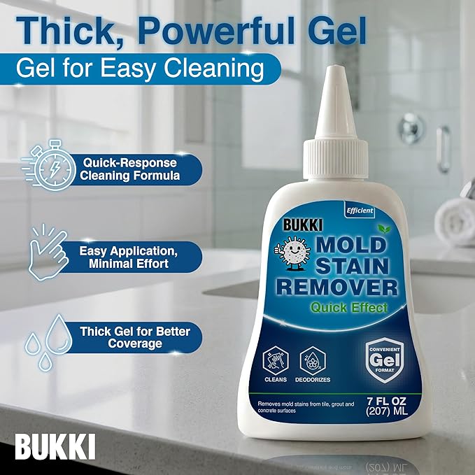 BUKKI Professional Mold Stain Remover Gel (7 FL OZ), Heavy Duty Thick Gel for Shower Grout, Washer Seals, Caulking, Bathrooms, Sinks, Concrete, Pool Tile, Patio, Siding, Marine RV, Surface Cleaner