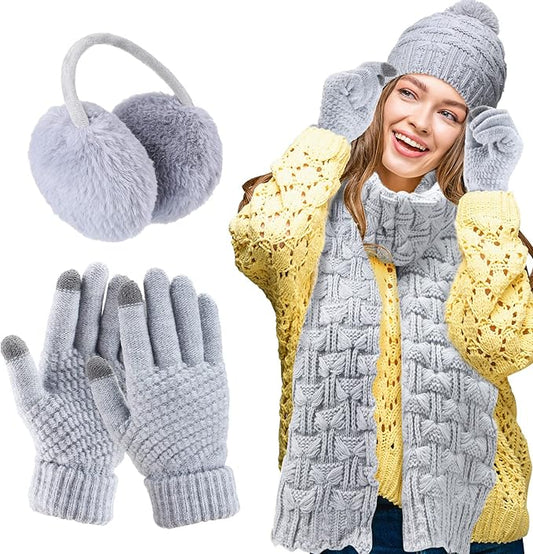 JenPen 4 Pcs Winter Hat Scarf and Gloves Set for Women Include Ear Cover Cold Weather Scarf Hat Knit Beanie Gloves