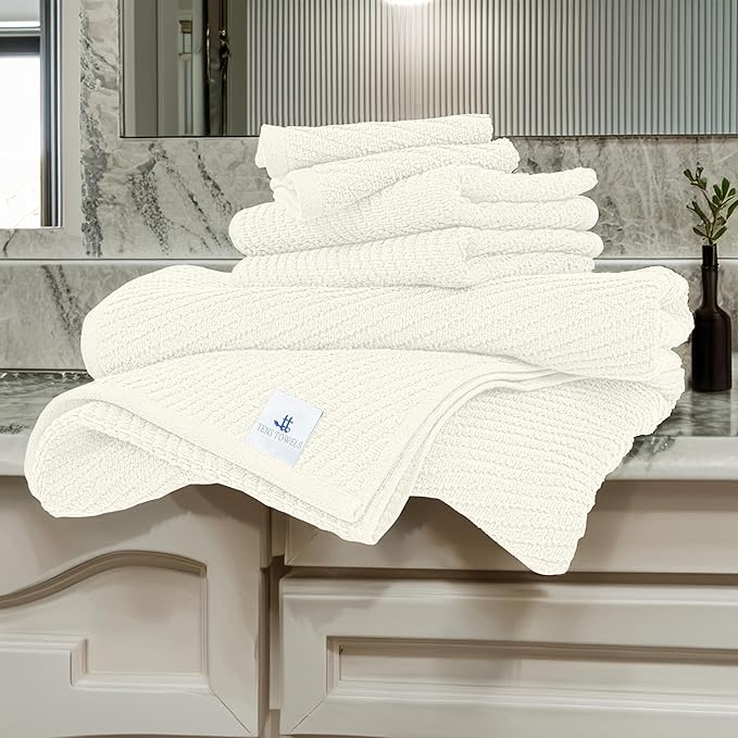 Tens Towels Pack of 6 Zero Twist Towels Set, 2 Bath, 2 Hand, 2 Waschloths, 100% Cotton, Light Weight, Extra Absorbent, Exceptional Softness, Perfect for Bathroom (Ivory)