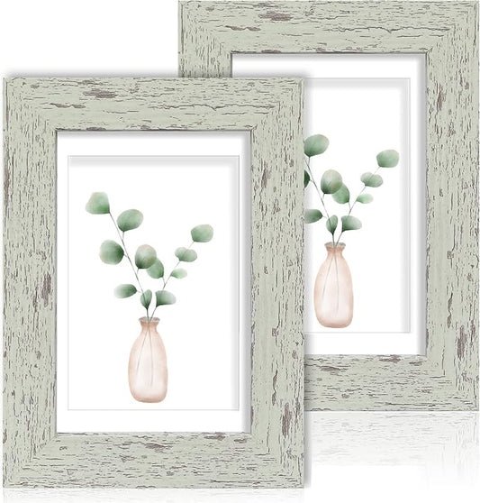 5x7 Picture Frame Set of 2, Made of Real Glass and Sage Green Wooden Frame - Display Pictures 4x6 with Mat or 5x7 Without Mat, 5 by 7 Photo Frame for Wall or Tabletop Display