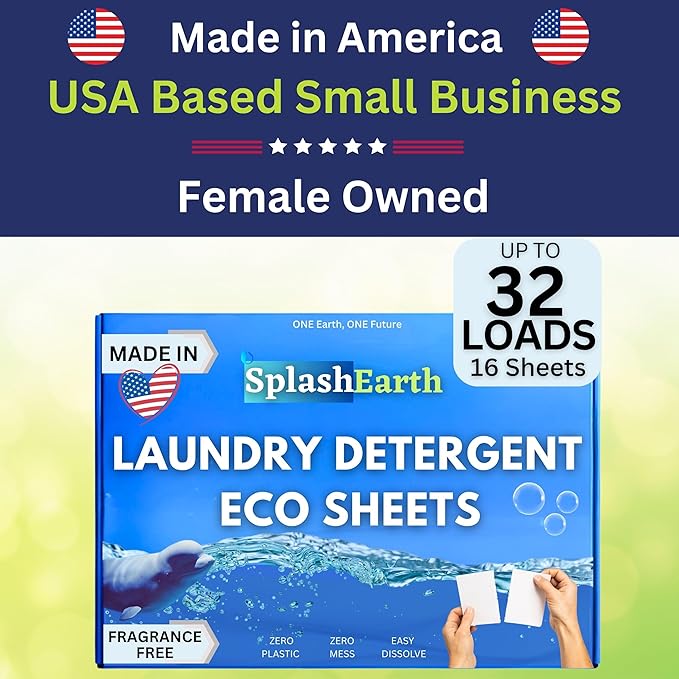 Laundry Detergent Sheets Made in USA (32 Loads, Unscented), Eco-Friendly Washer Sheets Detergent, Plastic-Free Travel Laundry Soap, 16 Strips