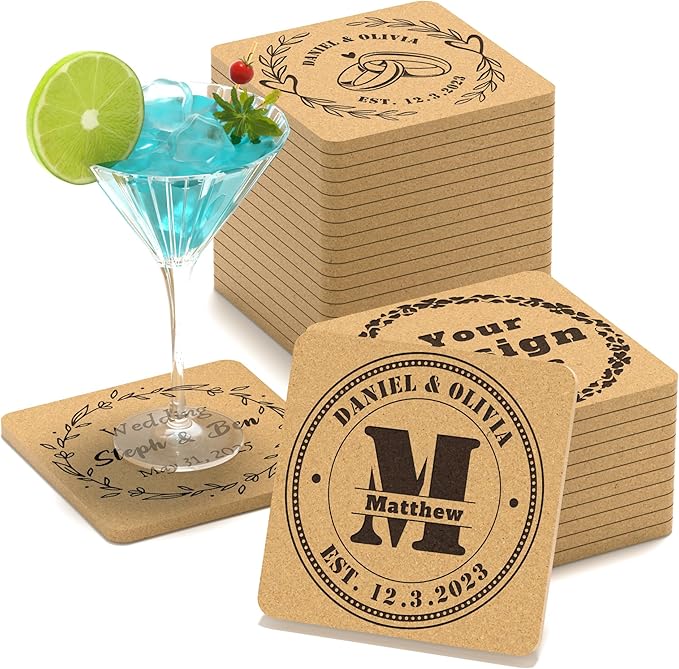 30 Custom Coasters, Personalized Cork Coaster Laser Engraved with Own Design Logo Text, Non-Slip Heat-Resistant Custom Cork Coaster for Wedding, Anniversary, Family Reunion Gifts (Square)