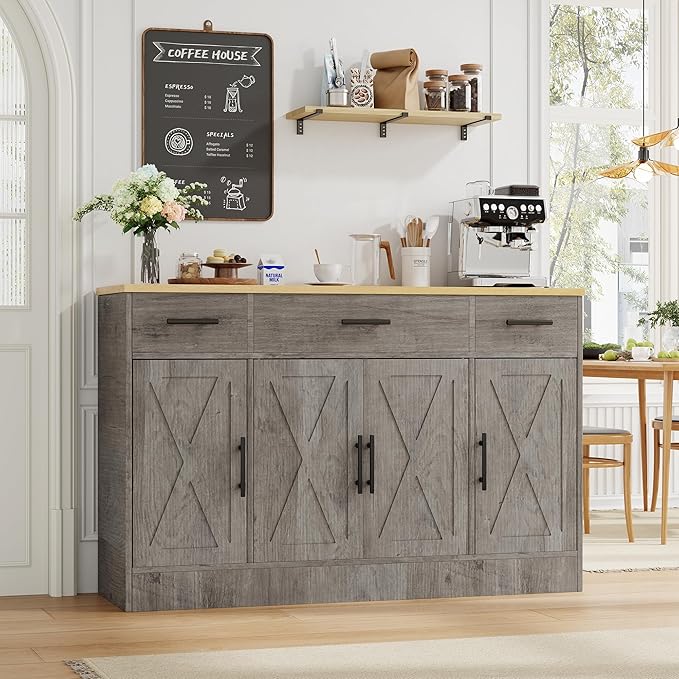 Shintenchi Buffet Cabinet with Storage,53.4" Large Kitchen Storage Cabinet with 3 Drawers and 4 Doors,Wood Farmhouse Buffet Sideboard with Adjustable Shelf for Kitchen Living Room, Gray