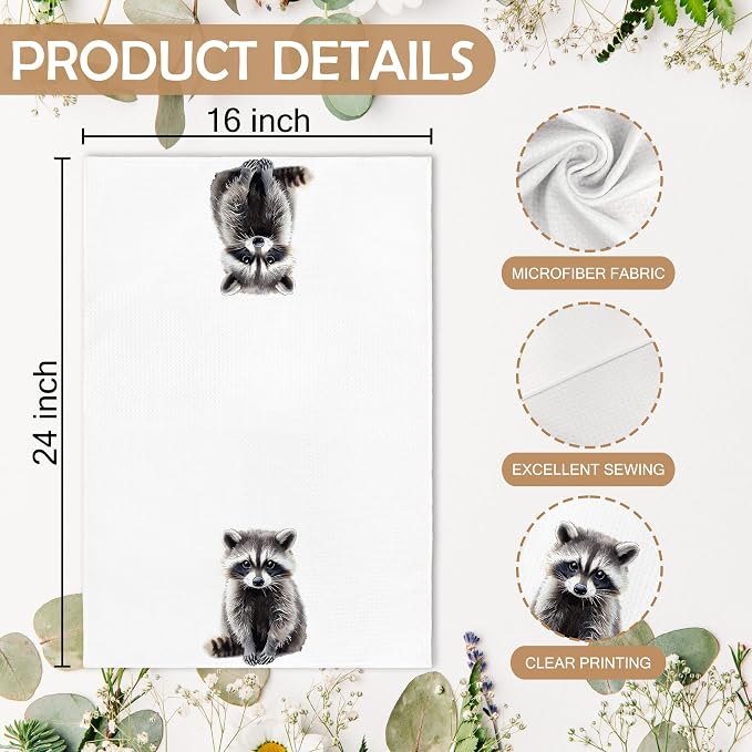 Funny Raccoon Kitchen Towels and Dishcloths Sets of 2, Raccoon Decor Gifts, Woodsy Rustic Cabin Lodge Forest Animal Nursery Home Decor Dish Hand Tea Towels for Bathroom Kitchen, 16x24 Inches