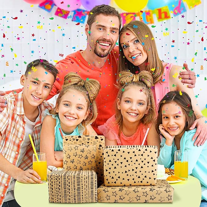 Kraft Wrapping Paper Set with Tags & String - Brown Kraft Wrapping Paper Gift Wrap for Present - Birthday Paper Wrap for Women, Men, Boys & Kids (6 Sheets, 28"Lx20"W per Sheet)