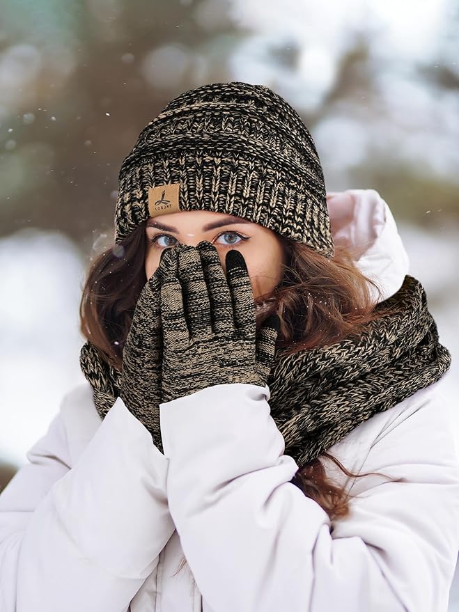 Winter Beanie Hat Scarf Gloves, Warm Fleece Knit Hats Touch Screen Gloves Neck Scarf Set Winter Gifts for Unisex Adult