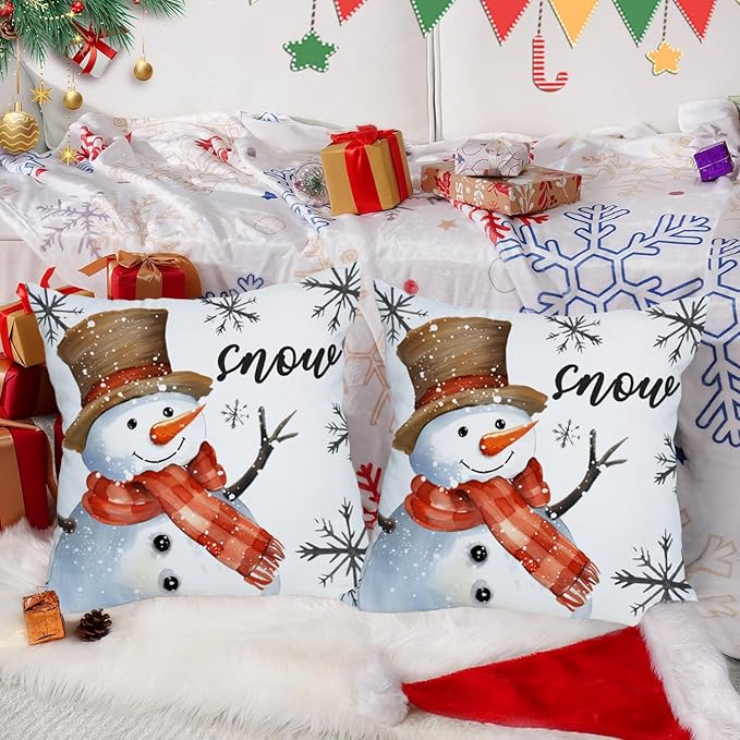 Fukeen 2 Pack Waterproof Outdoor Winter Pillow Covers 20x20 Inch White Snowman Snowflake Throw Pillow Cases Snow Christmas Farmhouse Decorations Cushion Cover Double Sided