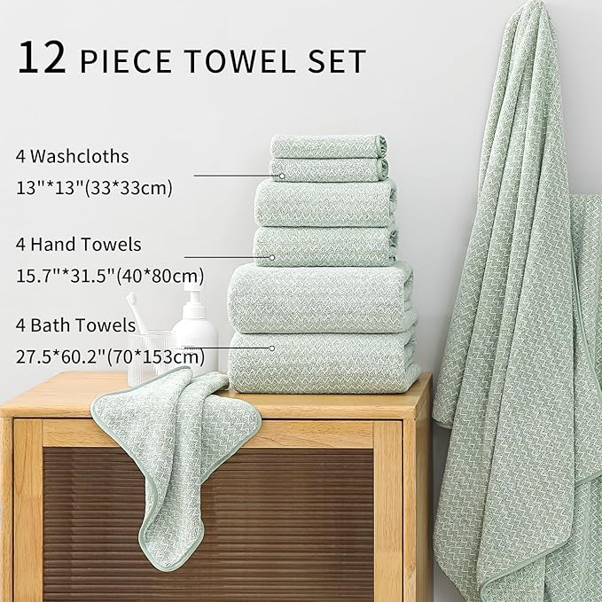 Ultra Soft Bath Towel Set,12 Piece (4 Bath Towels,4 Hand Towels,4 Washcloths) Family Bathroom Towels Set with Hanging Loop,Quick Dry Extra Absorbent Shower Towel for Bathroom,Hotel,Spa-Light Green
