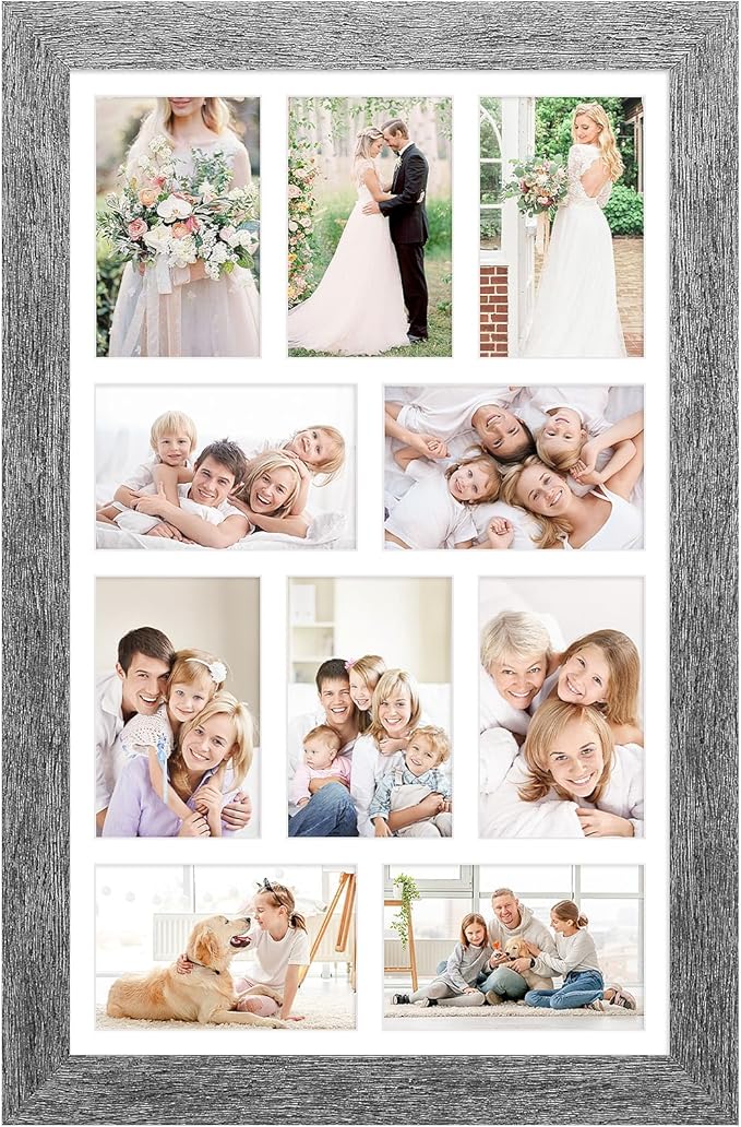 13x21 Picture Frame Display 10 opening 4X6 Picture Frame Collage,Multi Photo Frame with Mat,Plexiglass,Wall Mount Decor,Grey Wood Grain
