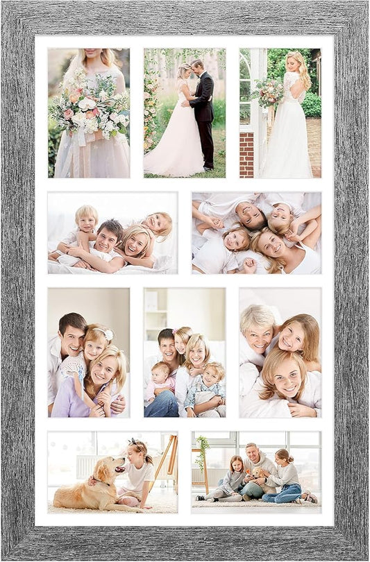 13x21 Picture Frame Display 10 opening 4X6 Picture Frame Collage,Multi Photo Frame with Mat,Plexiglass,Wall Mount Decor,Grey Wood Grain