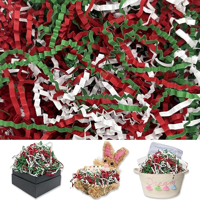 Red Green White Crinkle Cut Paper Shred Filler, 2 LB Basket Filler Shredded Paper, Confetti Stuffing for Basket Filling, Christmas, Birthdays, Weddings, DIY Gift Wrapping, Stuffer Party Supplies