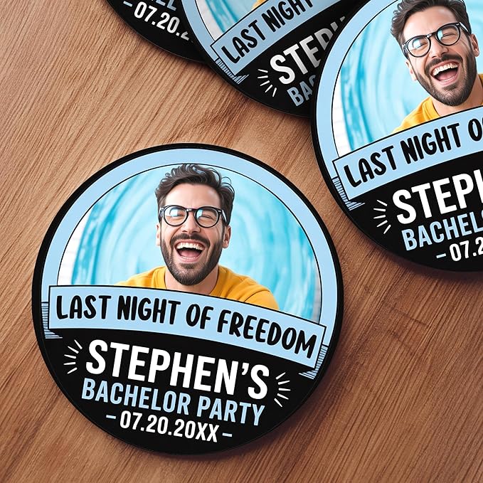 10 Pack Personalized Bachelor Party Coasters, Custom Cardboard Drink Coasters with Photo Print and Text, Fun Bachelor Party Favors and Gifts, 3.95" Round, Design 3