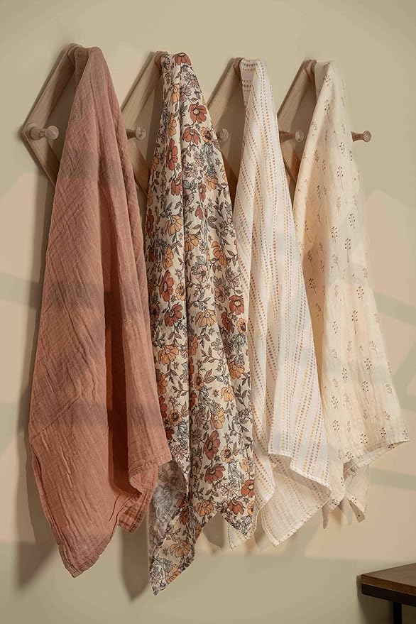 Muslin Swaddle Blankets for Newborn, 4 Pack Organic Cotton Baby Blanket, Large 31.5 x 43.3 inch Breathable Soft Receiving Blanket, Essentials Swaddle Wrap Burping Clothes, Vintage Flowers