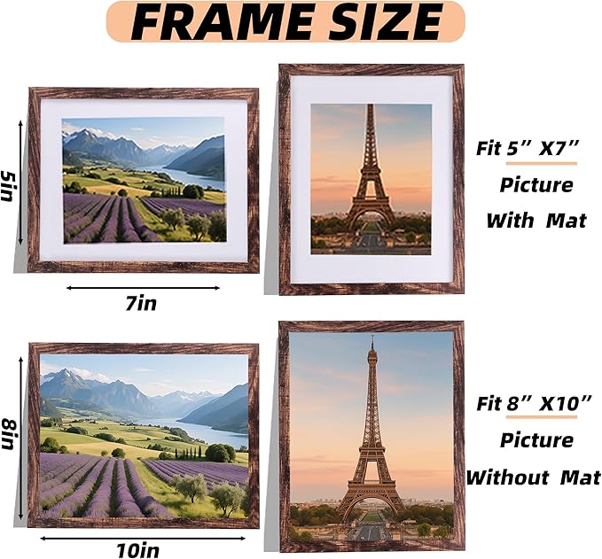 3 Pcs 8x10 Rustic Brown Wood Picture Frame - Display Pictures 5x7 with Mat or 8 x 10 without - Distressed Brown Wooden Photo Frames for Wall Mounting or Table 8 10 Matted to 5x7 Farmhouse Set of 3