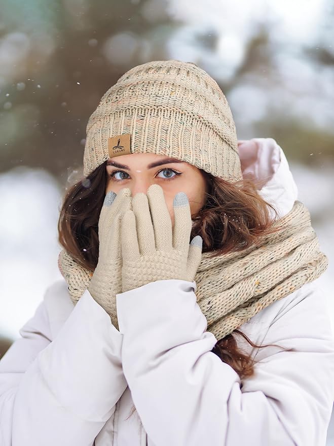 Winter Beanie Hat Scarf Gloves, Warm Fleece Knit Hats Touch Screen Gloves Neck Scarf Set Winter Gifts for Unisex Adult