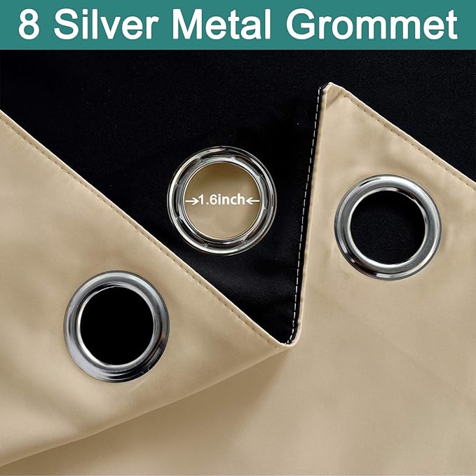 Yakamok 108 Inches Long Thermal Insulated 100% Blackout Curtains for Bedroom with Black Liner, Double Layer Full Room Darkening Noise Reducing Grommet Drapes for Living Room(52Wx108L, Beige, 2 Panels)