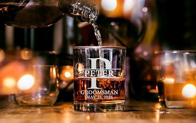 Set Of 7, Personalized Whiskey Glass For Groomsman Gifts, Best Man, Groom, 11oz Old Fashioned Custom Monogrammed Whiskey Glass