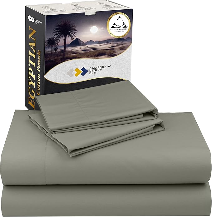 California Design Den Cal King Bed Sheets Set - Certified 100% Egyptian Cotton Percale Sheets California King Size, Lightweight, Crisp, Cool & Durable Luxury Bedding Set (Sage Mist - Grey Tone)