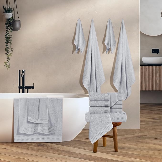 GLAMBURG Towels for Bathroom, 100% Cotton Towel Set, Contains 8 Soft Bath Towel, 8 Hand Towels, 8 Wash Cloths - Compact Absorbent Lightweight & Quickdry - 24 Piece Bathroom Towel Set - Light Grey