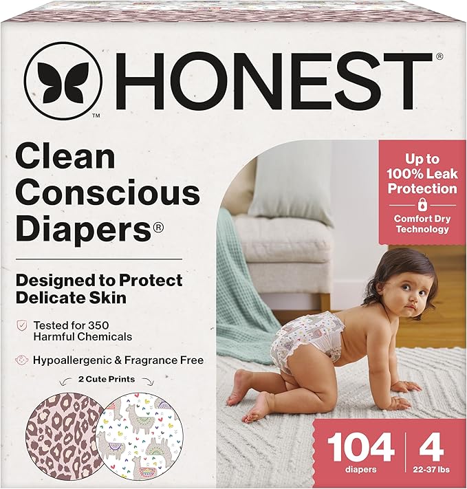 The Honest Company Clean Conscious Diapers for Delicate Skin Up to 100% Leakproof Hypoallergenic Fragrance-Free Baby Girl Prints Super Club Box Size 4 (22–37 lbs) 104 Count