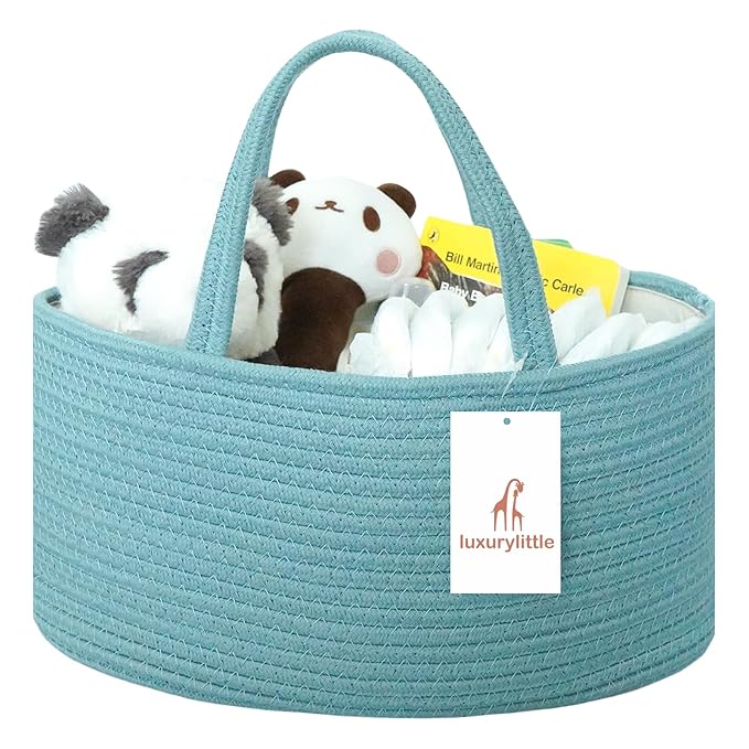 Baby Diaper Caddy Organizer, Large Cotton Rope Nursery Diaper Basket, Changing Table Organizer, Portable Tote Bag with Divider, Car Storage, Baby Shower Gifts for Newborn Girls - Lake Blue