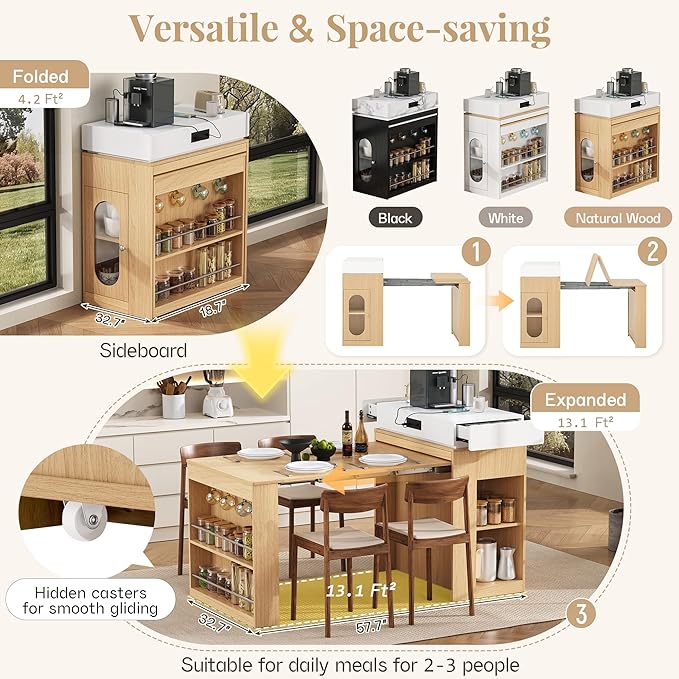 Amposei Kitchen Island with Extendable Dining Table & Power Outlet, 58’’ Breakfast Bar Coffee Station Sideboard Glass Door Storage Cabinet with Drawers, Natural & Creamy White