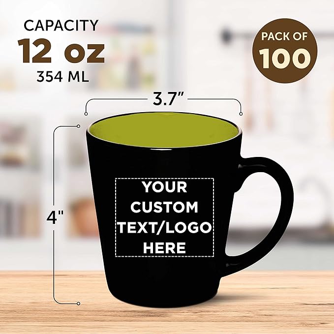 Custom Ceramic Coffee Latte Mugs 12 oz. Set of 100, Personalized Bulk Pack - Perfect for Coffee, Tea, Espresso, Hot Cocoa, Other Beverages - Lime Green