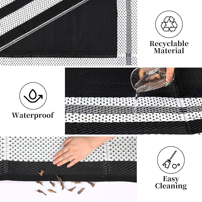 9x12 Outdoor Rug Waterproof Foldable Plastic Straw Carpet for Patio Modern Border Reversible Mat Lightweight Floor Mat for Picnic, Backyard, Rv, Beach, Deck, Camper, Balcony，Black/White