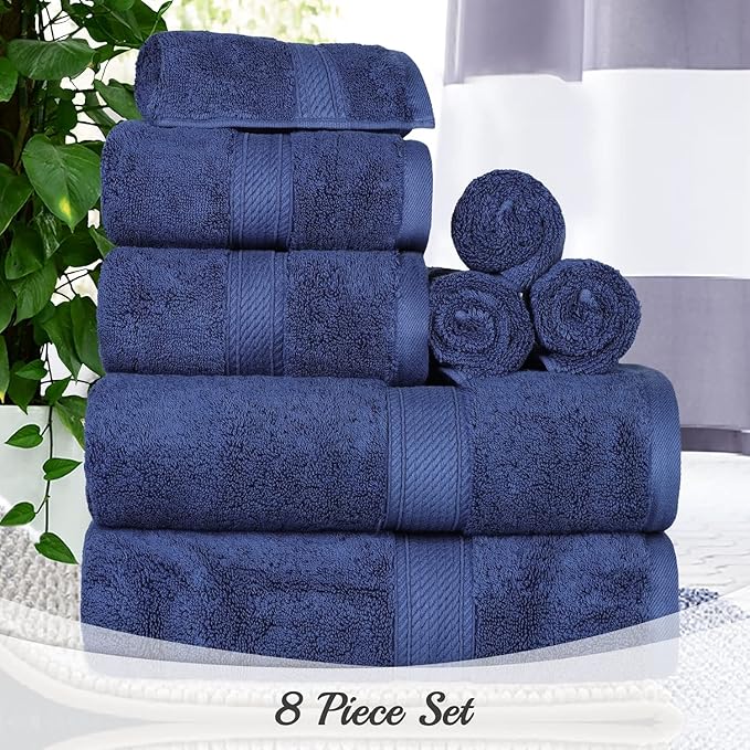 BLUENILEMILLS Madison Egyptian Cotton Towels, Towel Set for Bathroom, Shower, Hotel, Plush, 900 GSM, Highly Absorbent and Ultra-Soft Towels, Bath Essentials, 8 Piece Assorted Towel Set, Navy Blue