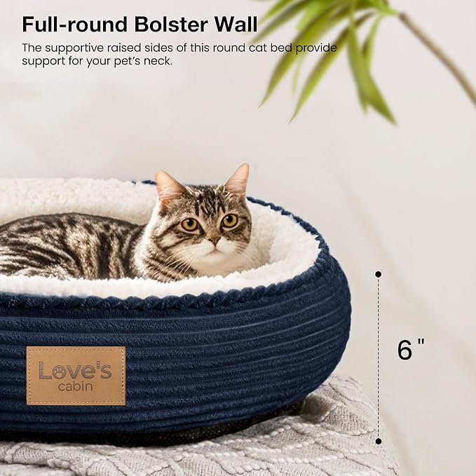 Love's cabin Round Donut Cat and Dog Cushion Bed, 20in Pet Bed for Cats or Small Dogs, Anti-Slip & Water-Resistant Bottom, Super Soft Durable Fabric Pet beds, Washable Luxury Cat Dog Bed Navy Stripe